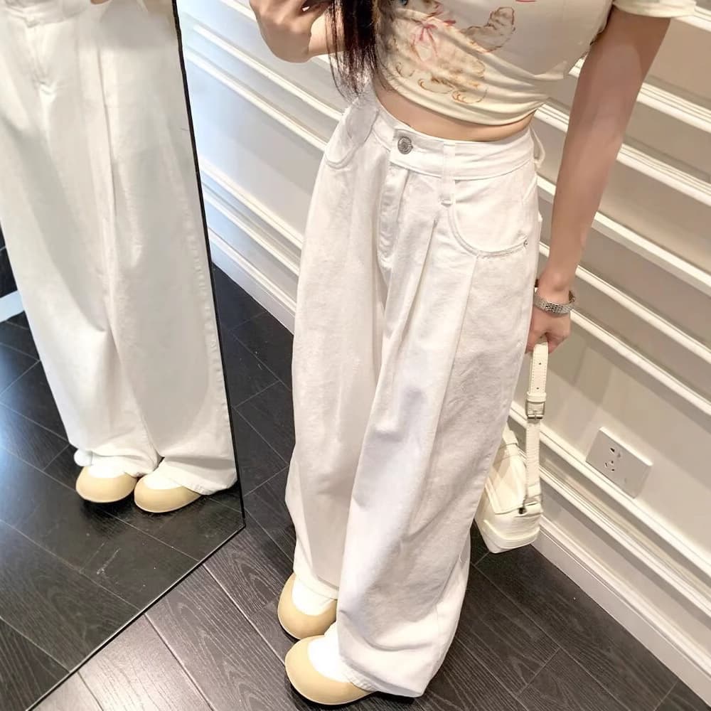 Designed white loose straight floor-length mopping pants for women summer 2025 new high-waist slim and drapey denim trousers