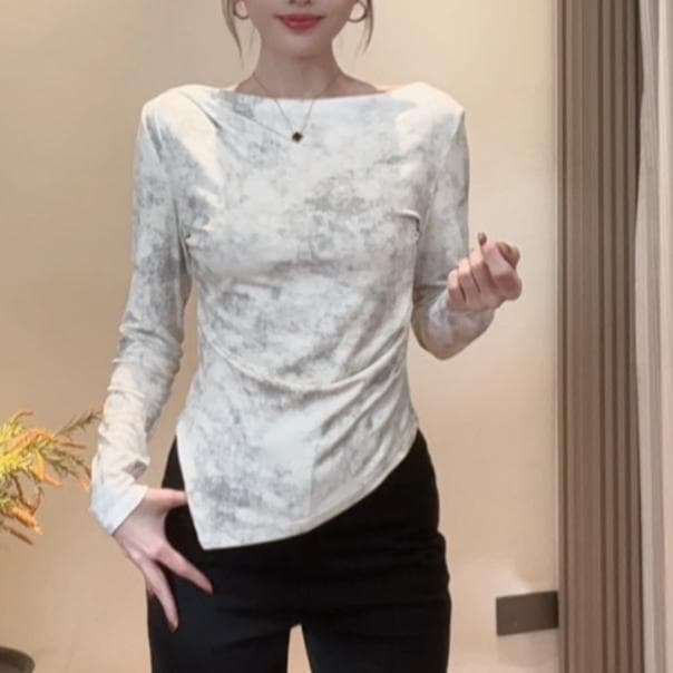 Spring and Autumn New Long Sleeve Fashionable Slim Fit Versatile Simple High-End Tie-Dye Process Base T-Shirt for Women