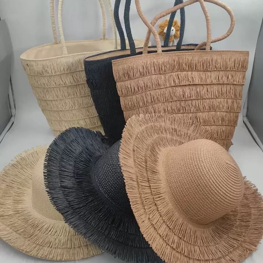 Fringed Wide-Brimmed Hat, Handbag, Straw Hat for Women, Elegant Beach Hat, Vacation Shoulder Tote Bag