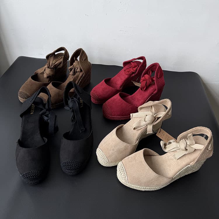 2026 Summer New Straw Woven Wedge Heels for Women, Suede Lace-Up Fisherman Shoes, Retro Elevated Women's Shoes for Wholesale Export
