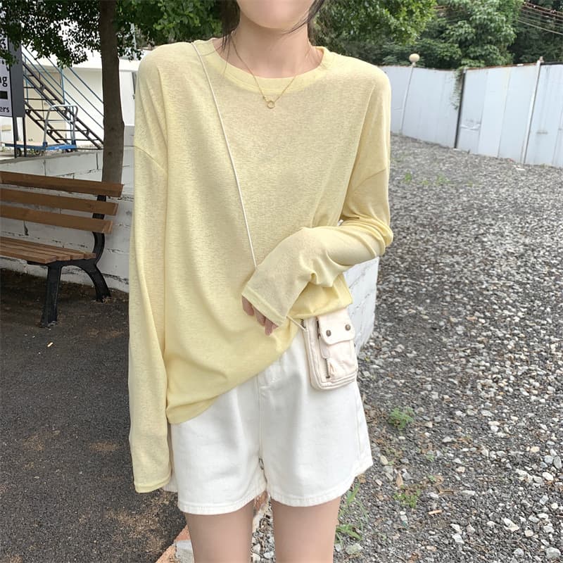 Women's Summer Thin Long-Sleeve Sun Protection T-Shirt, Korean Style Plus Size Loose Fit Outerwear and Inner Layer, Slightly Sheer Air Conditioning Top