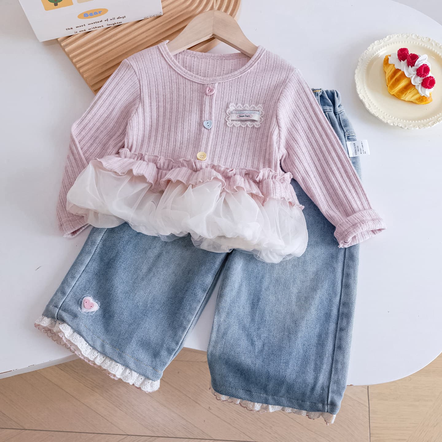 2026 Spring New Arrival Girls' Sweet Style Lace Knit Cardigan + Lace Jeans Two-Piece Stylish Set