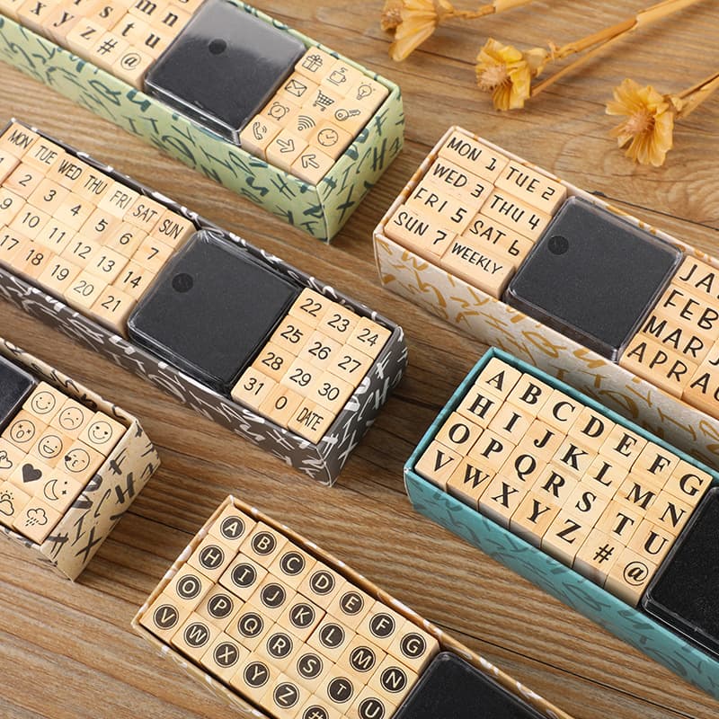 Basic planner set with weekday, month, and letter stamps; DIY diary wooden stamp set, 40 stamps in 8 designs.
