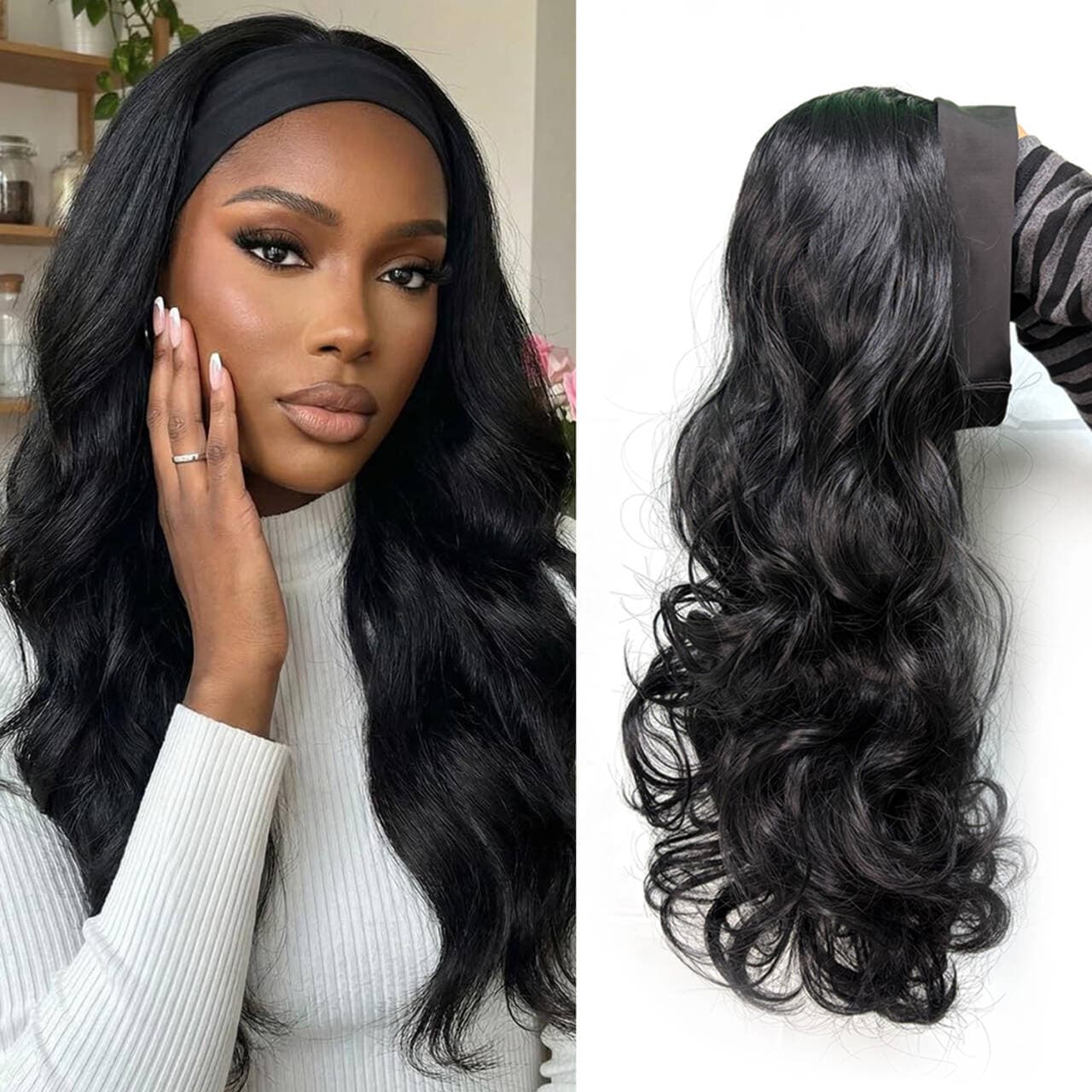 Women's Half Wig with Ribbon, Long Curly One-Piece Realistic Hair, Big Wave Curls Natural Half Wig