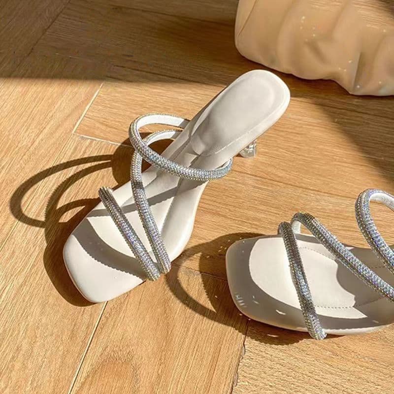 Summer New Square Toe Open Toe High Heel Slide Sandals for Women 2024 Elegant Rhinestone Dressy Stiletto Heel Slippers