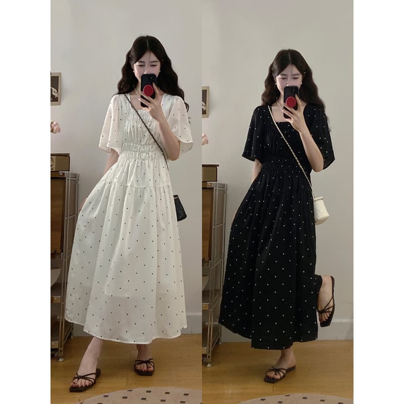 Fat Qiqi Plus Size Women's Clothing 2026 Summer New Korean Style Gentle Sweet Polka Dot Collar Waist-Cinching Dress