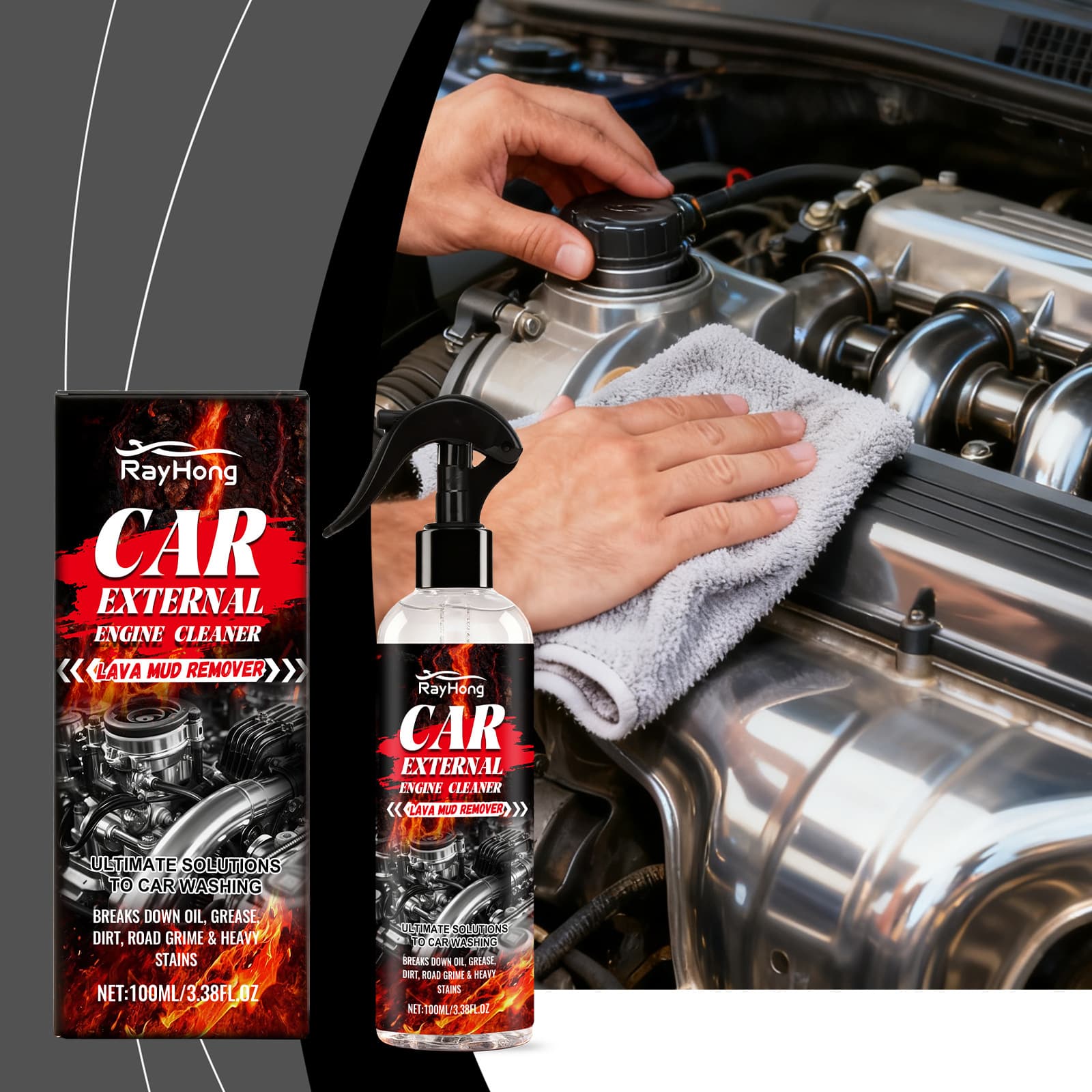 RAYHONG Car Exterior Engine Cleaner - Quick-Cleansing Oil Stains and Maintenance Agent (No Rinsing Required)
