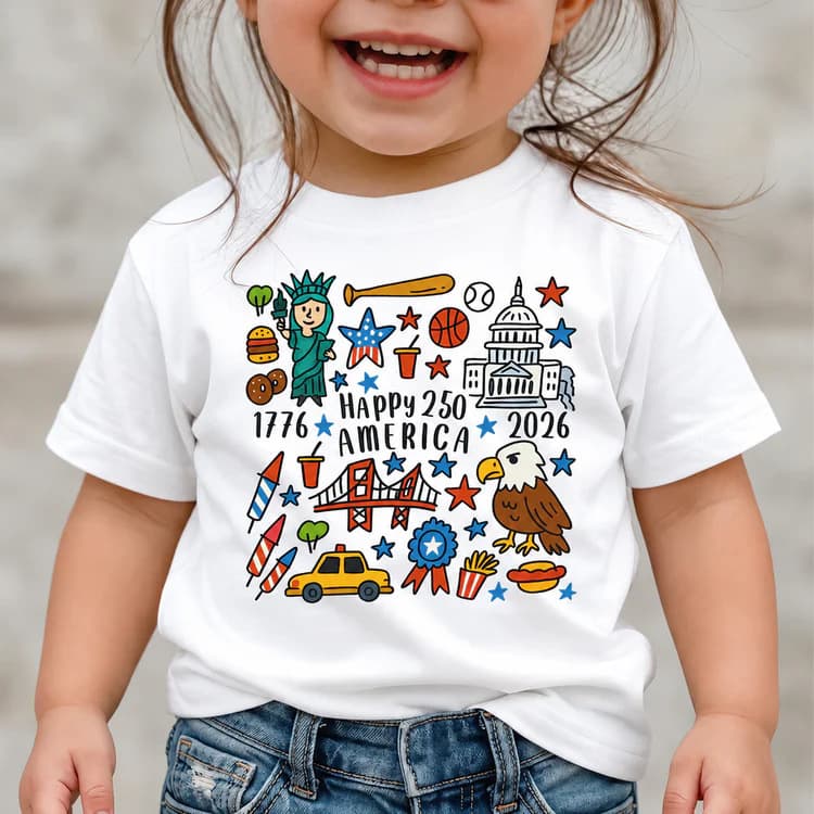 2026 New Comfortable Casual Versatile 250th Anniversary Children's Cotton Short Sleeve Printed Letter T-Shirt
