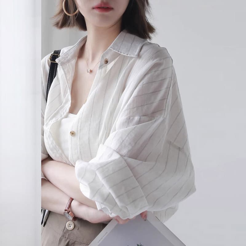 French lazy style 2026 summer loose thin sun protection clothing striped long-sleeved shirt women's mid-length outer top