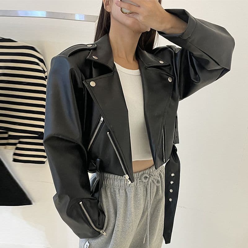Short Motorcycle Leather Jacket for Women 2026 Spring New Arrival High-End Black Notch Lapel PU Coat with Large Pockets