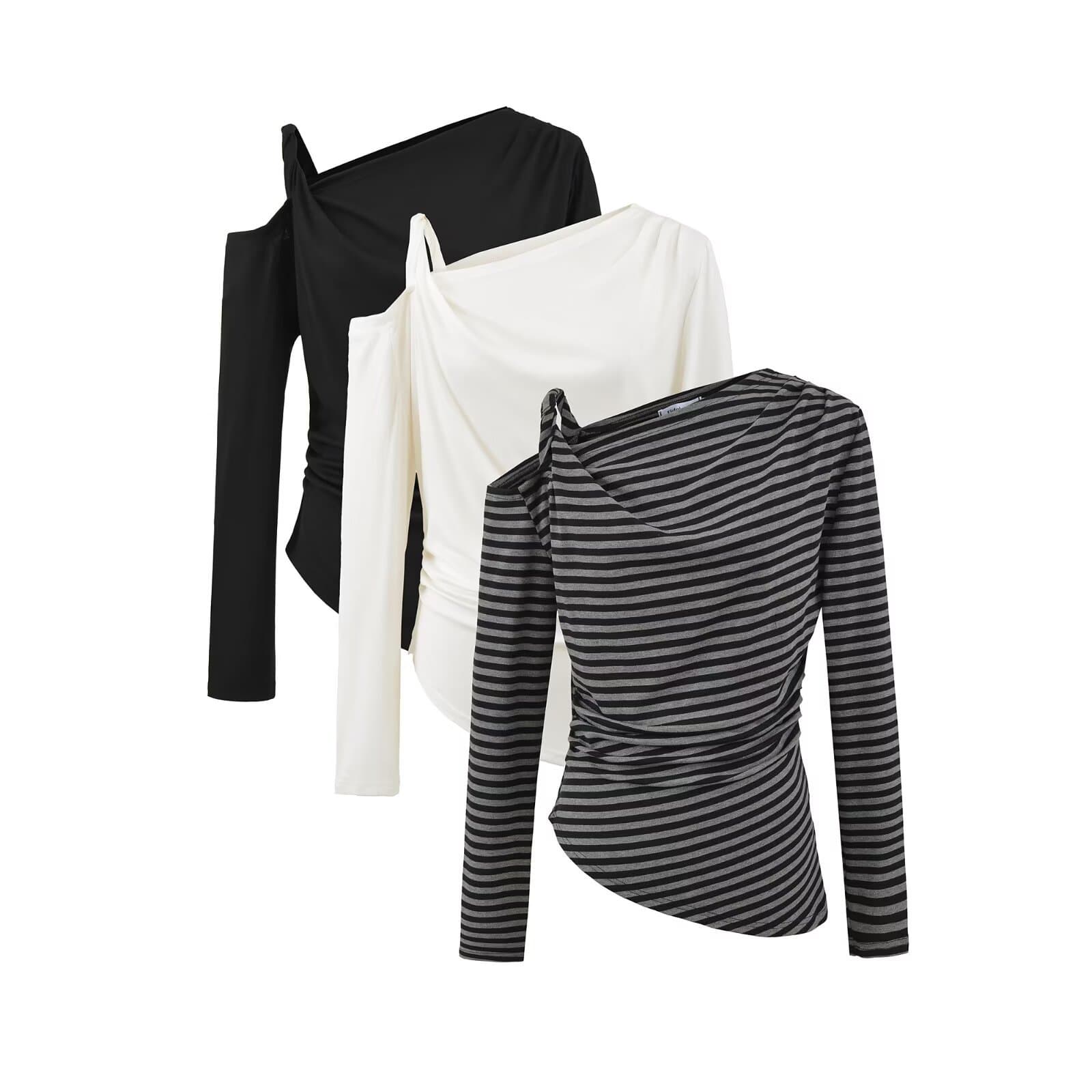 Korean sexy one-shoulder shoulder strap with slanted waist and slimming striped off-shoulder long-sleeved T-shirt for autumn