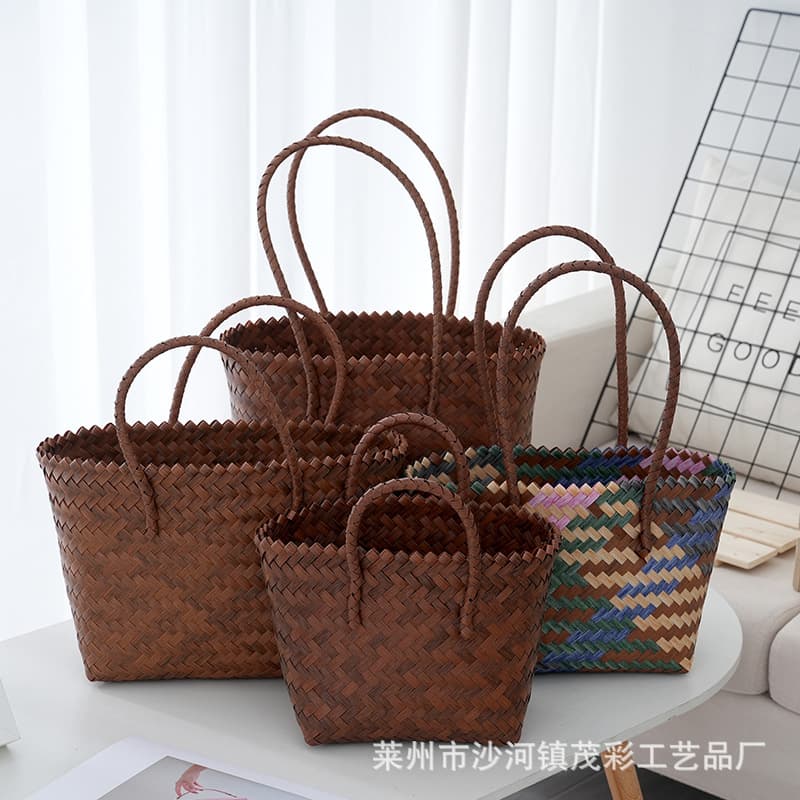 Retro PP Handwoven Market Basket, Large Capacity Versatile Casual Handbag, Souvenir Basket Beach Tote
