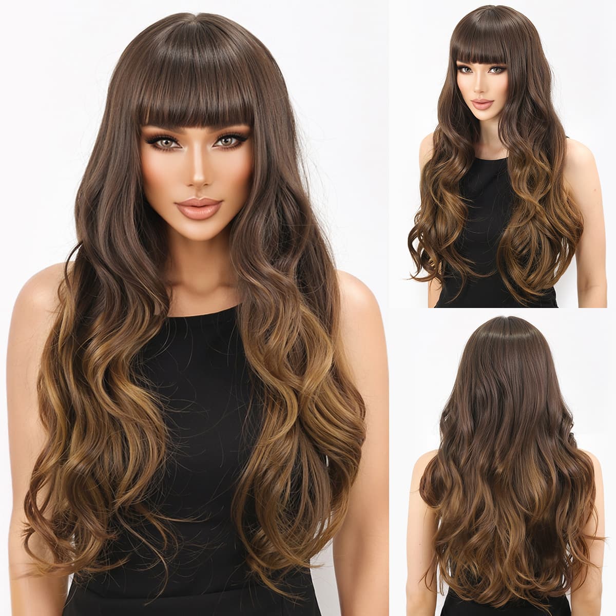 European and American Trendy Wig for Women Brown Bangs Synthetic Long Curly Full Wig New Product Amazon