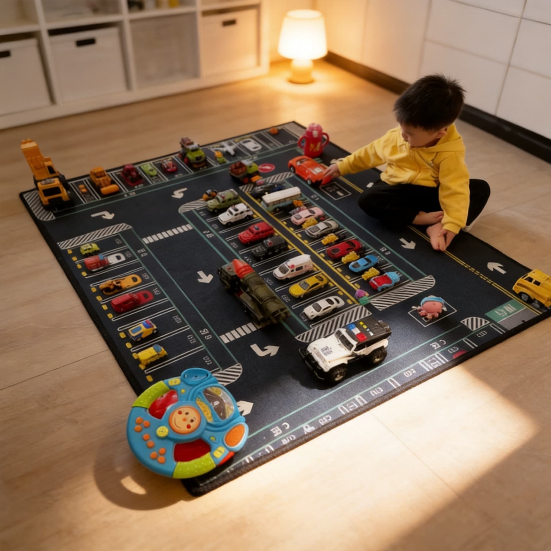 Parking Lot Traffic Educational Play Mat for Bedroom, Nursery, Kindergarten, Machine Washable Kids Room Carpet