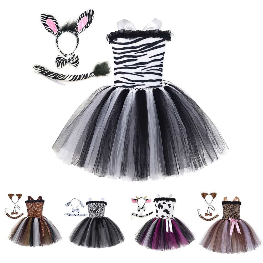 Animal Forest Girls Mesh Tutu Dress Animal World Cosplay Monkey Zebra Cow Performance Costume Dress