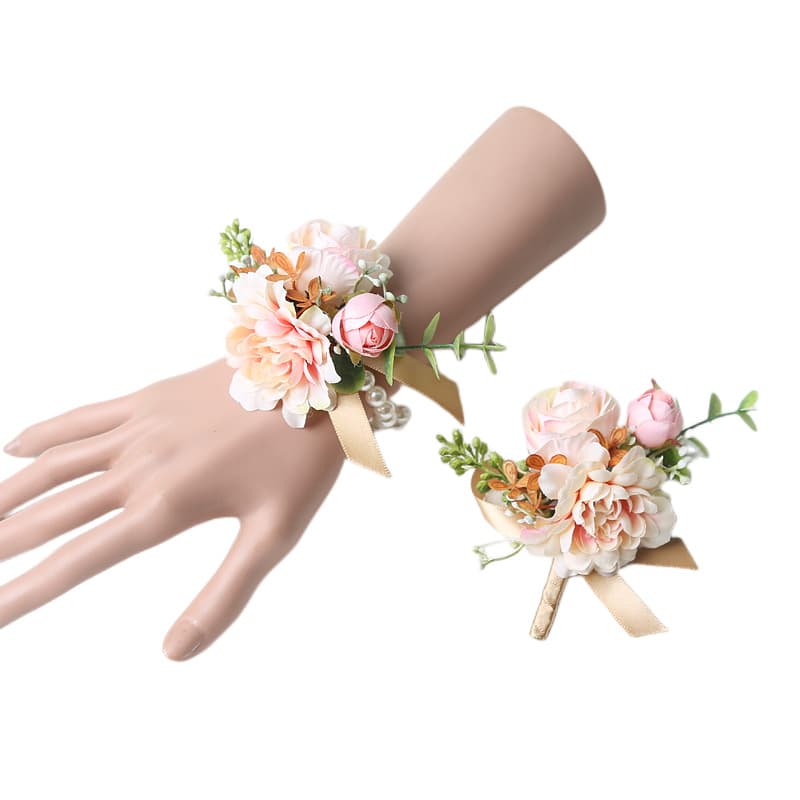 Wholesale elegant and delicate bridal wrist corsages, bridesmaid hand flowers, champagne-colored corsages, and red Chinese wedding corsages.