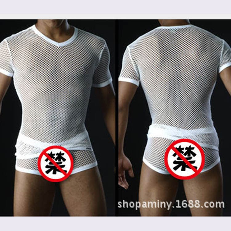 Manufacturer Direct Men's Short-Sleeve Sexy Transparent Large Mesh Breathable T-Shirt, Fashionable Nightclub Performance Clothing for Inner Wear