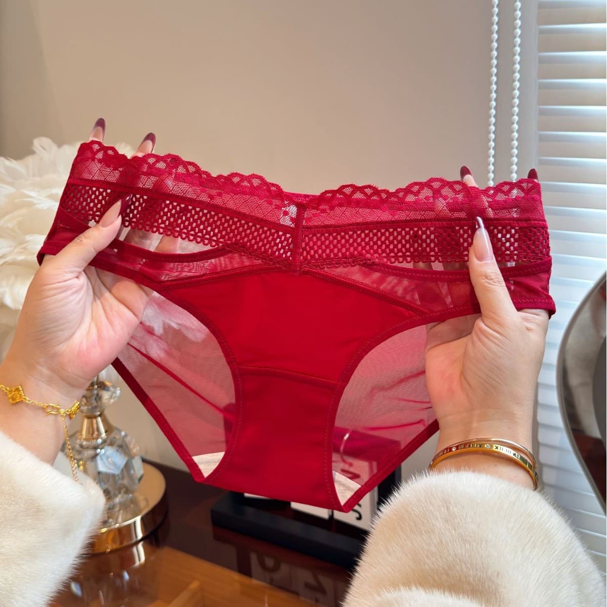 Hot-selling Ankera Red, perfect for your zodiac year, sexy and alluring, lightweight and breathable lace mesh panties for women.