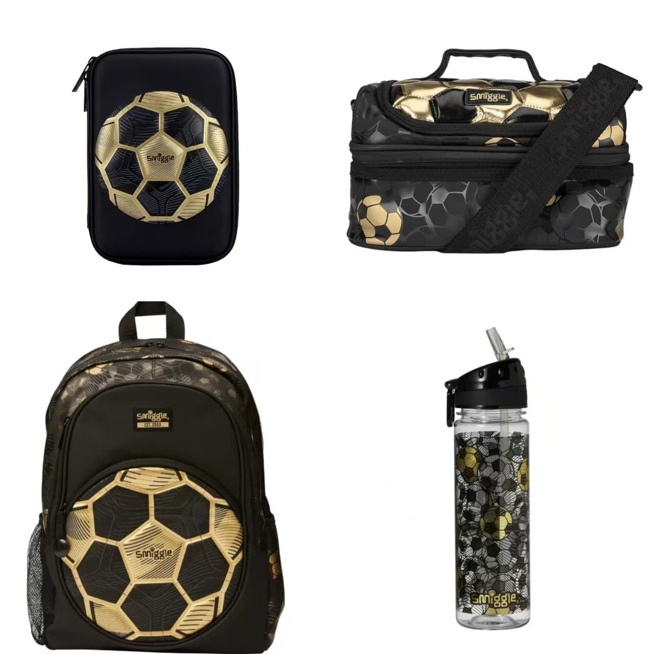 Australian Smiggle Backpack Set for Primary School Students, Gold Football Boys' Backpack, Lunch Bag, Pencil Case, Water Bottle Set Series