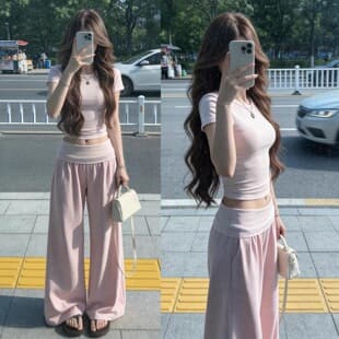 2026 Sweet Two-Piece Set, Fitted Short-Sleeve Crop Top and Flowy Straight Wide-Leg Pants for Women Summer