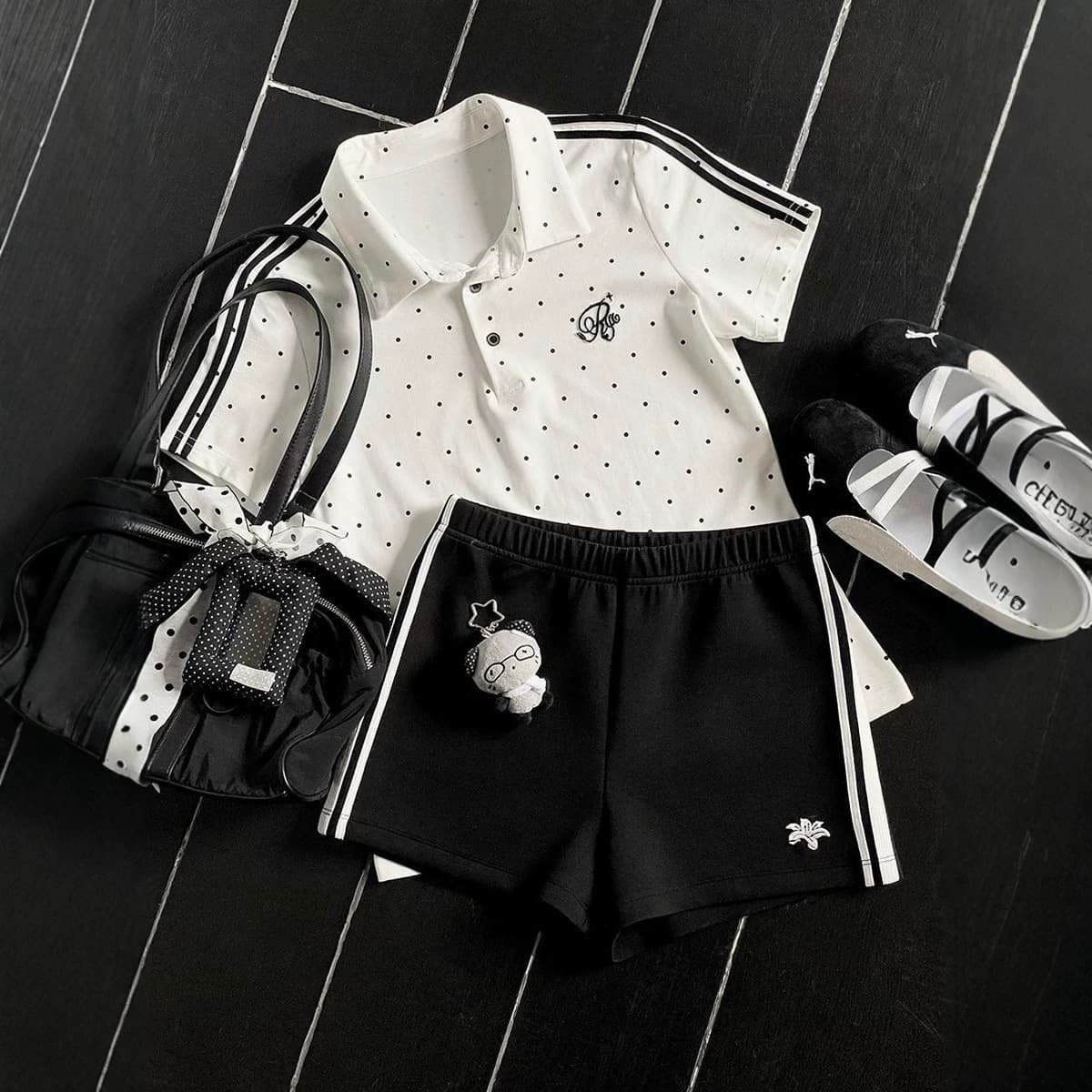 Black and White Polka Dot Gymnastics Suit JK Polo Shirt T-Shirt Top for Women Summer Academia Slim Short Sleeve Shorts Set