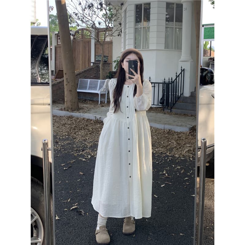 Korean pleated long-sleeved dress for women spring 2026 new design high-waisted loose long A-line skirt trendy