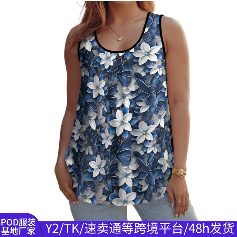Temu Y2 Summer New Plus Size Women's Vest with Plant Floral Print, Comfortable Casual Top for Curvy Women
