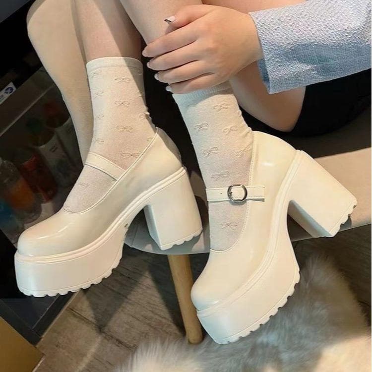 【High Heels】 Huixuan Fashion British Style Mary Jane Women's Off-White High Heels Size 37/Pair