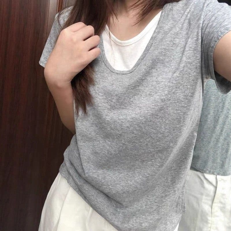 Loose Layered Short Sleeve T-Shirt for Women Summer Gray Half Sleeve V-Neck Casual Top