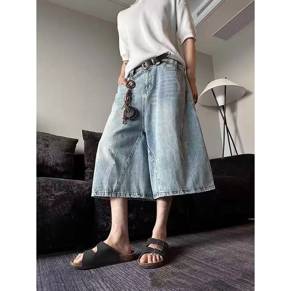 American retro high street washed distressed three-quarter denim shorts for men and women couples summer lightning pattern straight pants
