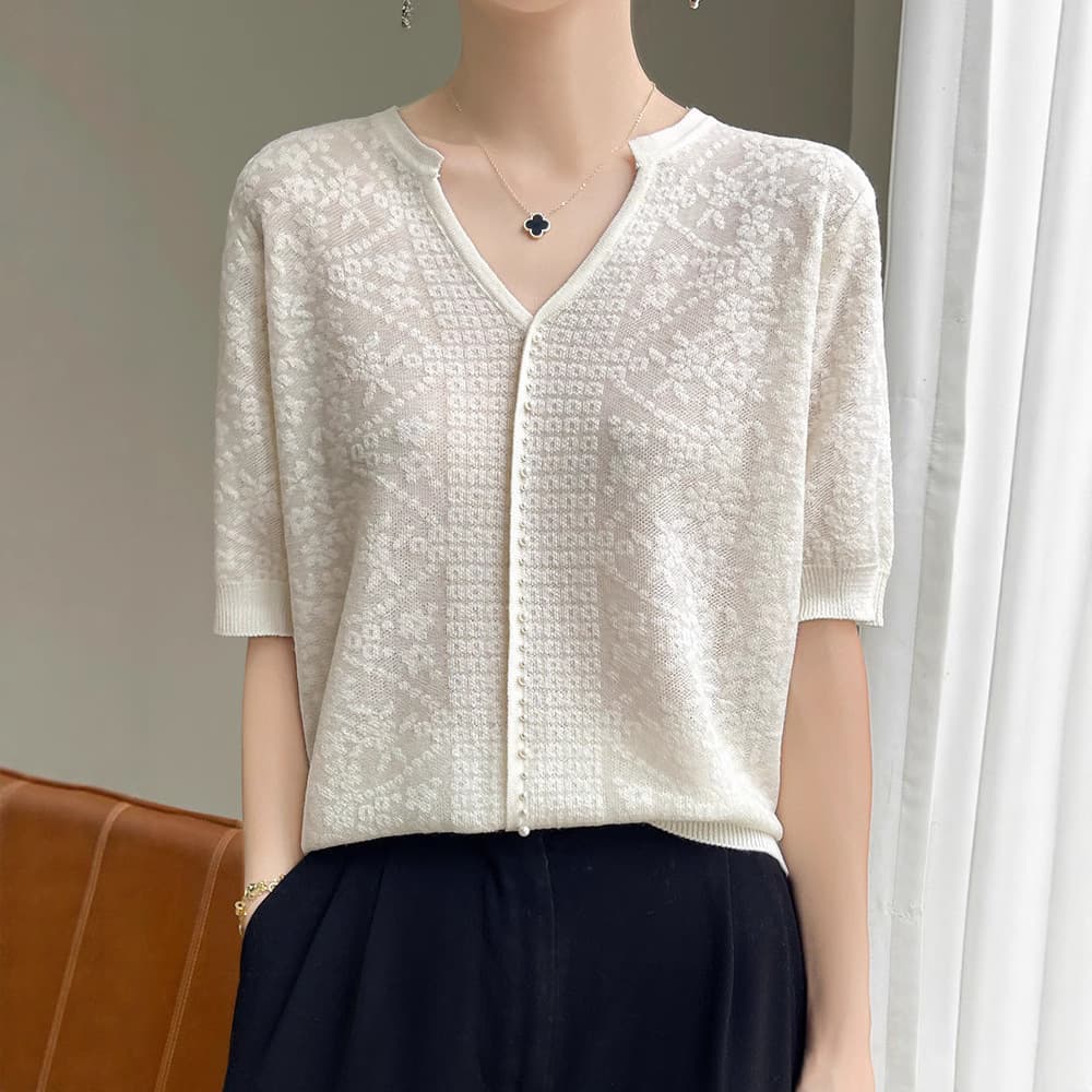 2025 Summer New Tencel Women's Casual Versatile Short Sleeve T-Shirt V Design Fashion Versatile Hollow Crochet Top