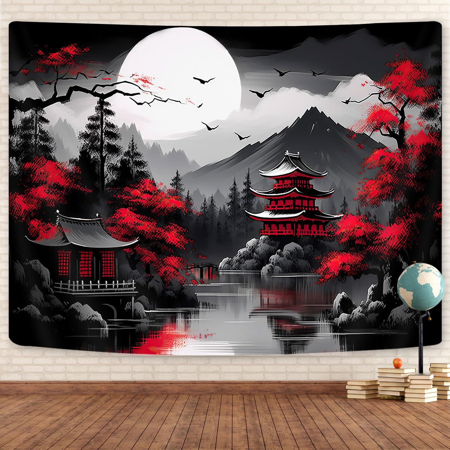 Anime Samurai Tapestry Cool Red and Black Medieval Fantasy Dragon Tapestry Suitable for Men Mountain Forest Natural Sunset Blanket