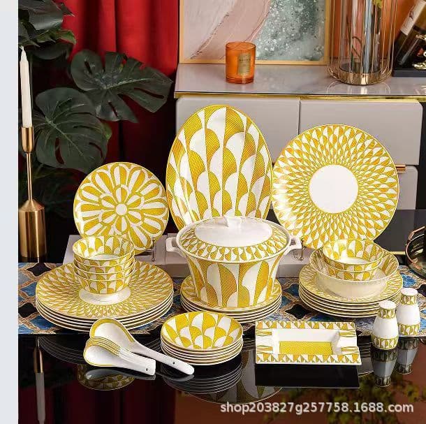 New Chinese style yellow sun high-value bone china tableware set plate bowl cup saucer spoon vase foreign style home decoration gift