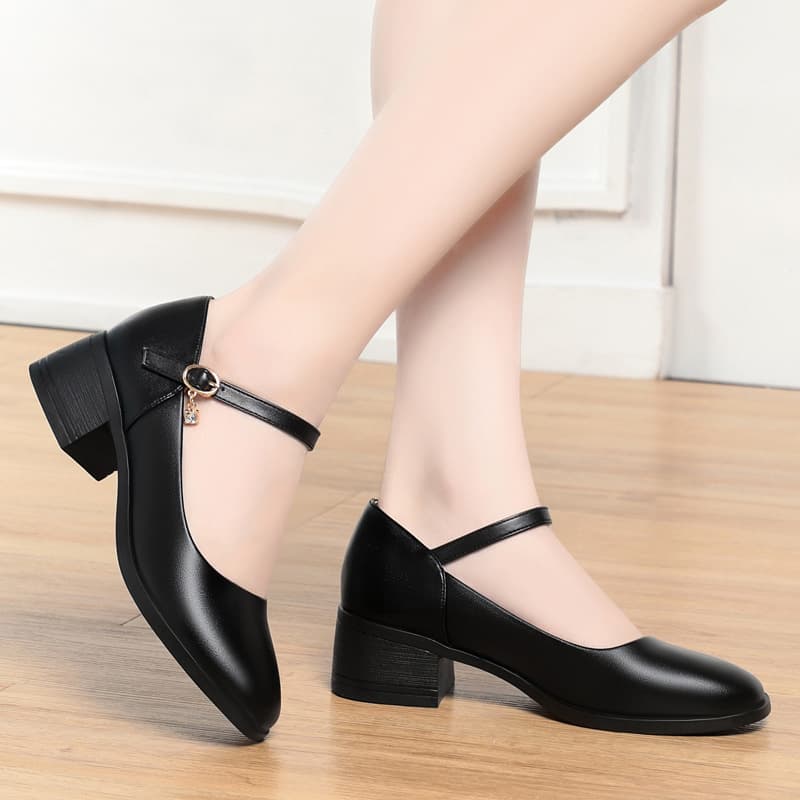 Soft Leather Low Heel Shoes for Cheongsam, Mid-Heel Single Shoes with One-Strap, Versatile Women's Shoes