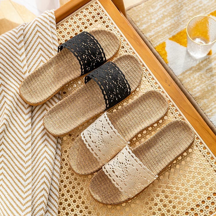 Summer Trendy Lace Women's Slippers, Non-Slip Floor Slippers for Home Indoor, Linen House Slippers for Women, Summer Use