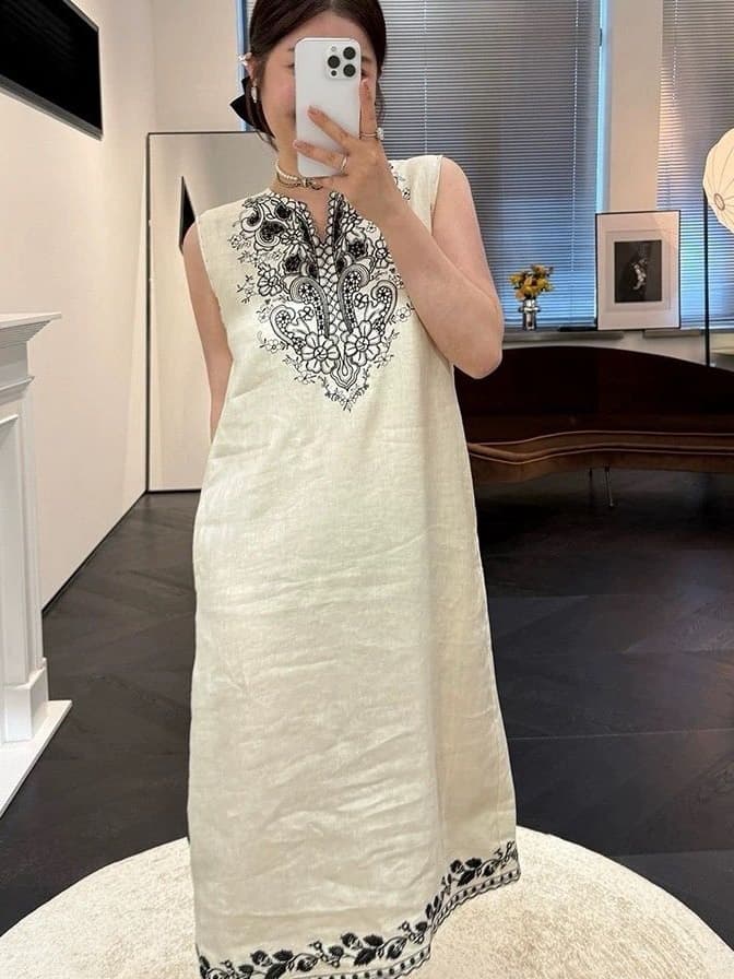 Linen Cotton Fashion Dress Summer Sleeveless New Vacation Loose Embroidered Casual Long Dress