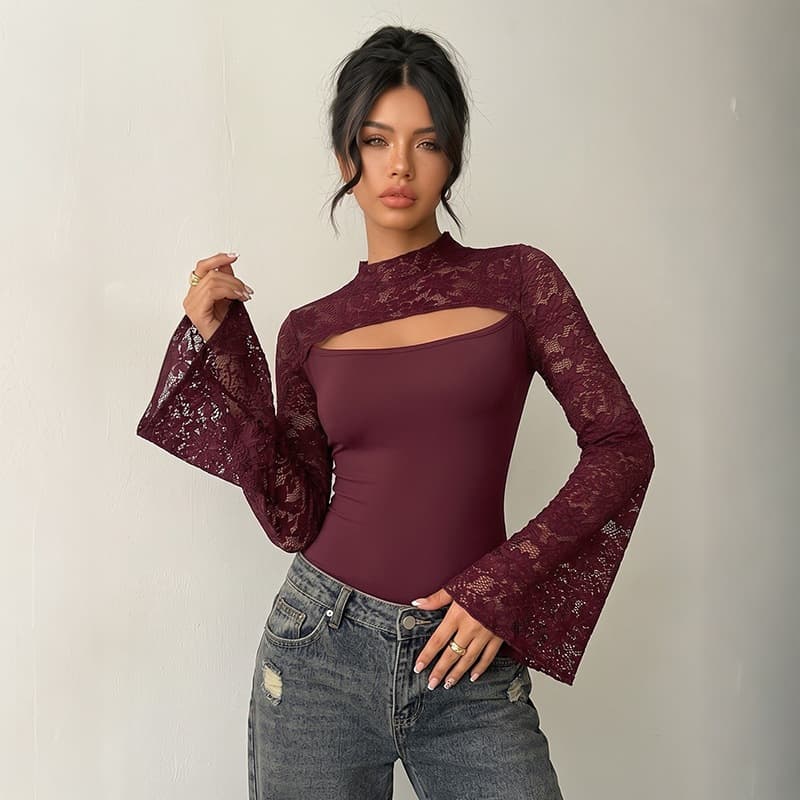 2026 Fall Jumpsuit Hollow Out Slim Fit Flared Sleeve Bodysuit European and American Best-Selling Lace Patchwork Jumpsuit for Women