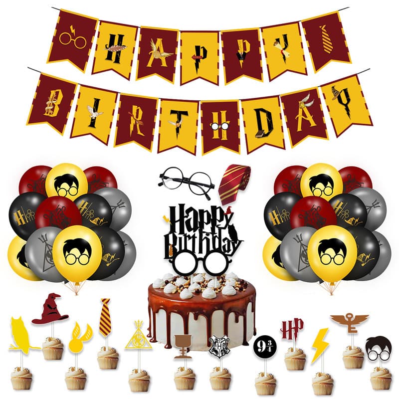 Harry Potter theme birthday party decoration wizard birthday banner pull flag glasses cake card insert balloon