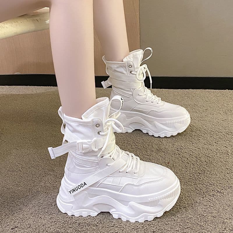 Military Green High-Top Shoes for Women 2025 Autumn Winter New Chunky Sole Heightening Lightweight Casual Dad Sneakers Lace-Up Sports Shoes