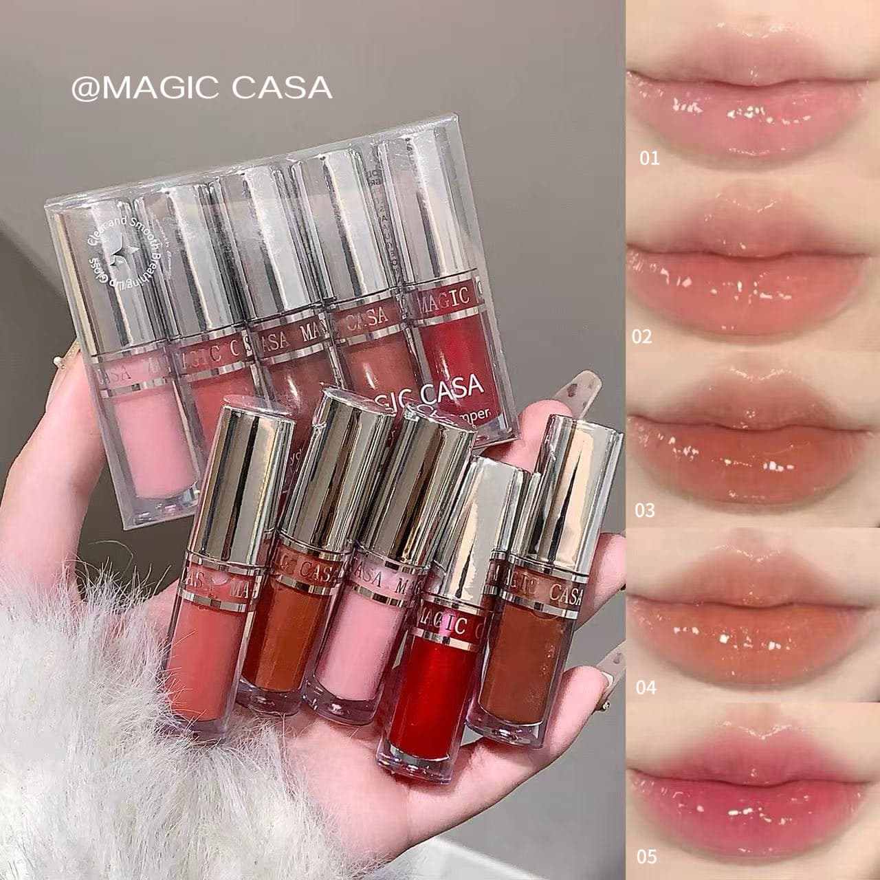 MAGIC CASA Cross-border Trade 5-Piece Set Water Glow Jelly Lip Oil Plumping Lip Gloss Moisturizing Base Lip Balm