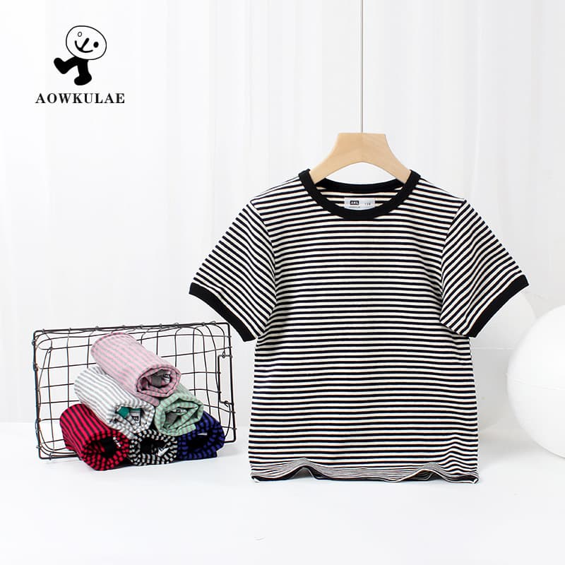 Summer Korean Style Kids T-Shirt Short Sleeve Round Neck Striped Middle Small Children Boys Girls Clothing Soft Cotton Sweatshirt