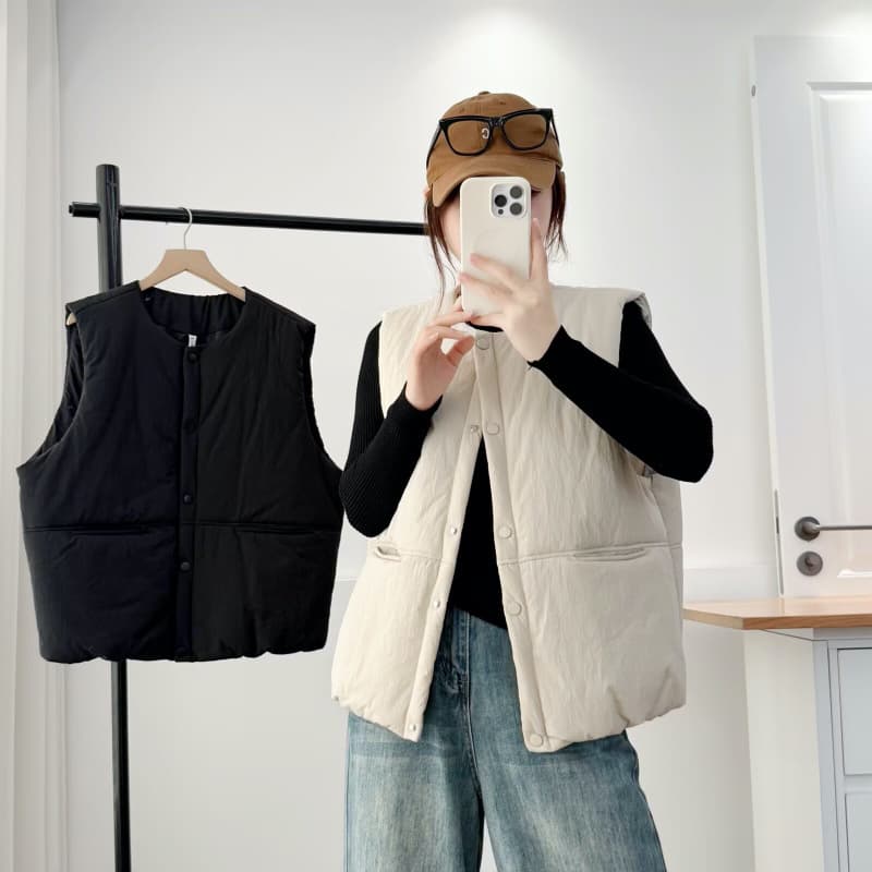 Plus Size Women's Clothing Autumn/Winter Thickened Warm Solid Color Cotton Vest, Comfortable Versatile Round Neck Cotton Waistcoat Jacket NY8635
