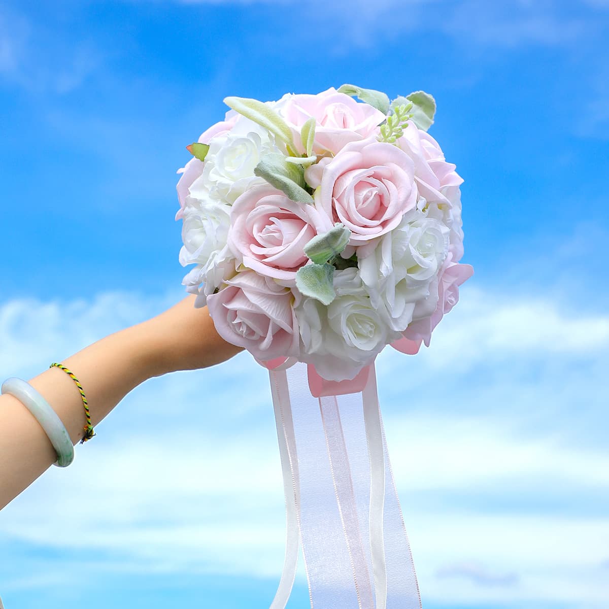 Soft Pink Artificial Bride Bouquet, Romantic Satin Rose Hand-Tied Bouquet for Couple Certificate Registration Bouquet