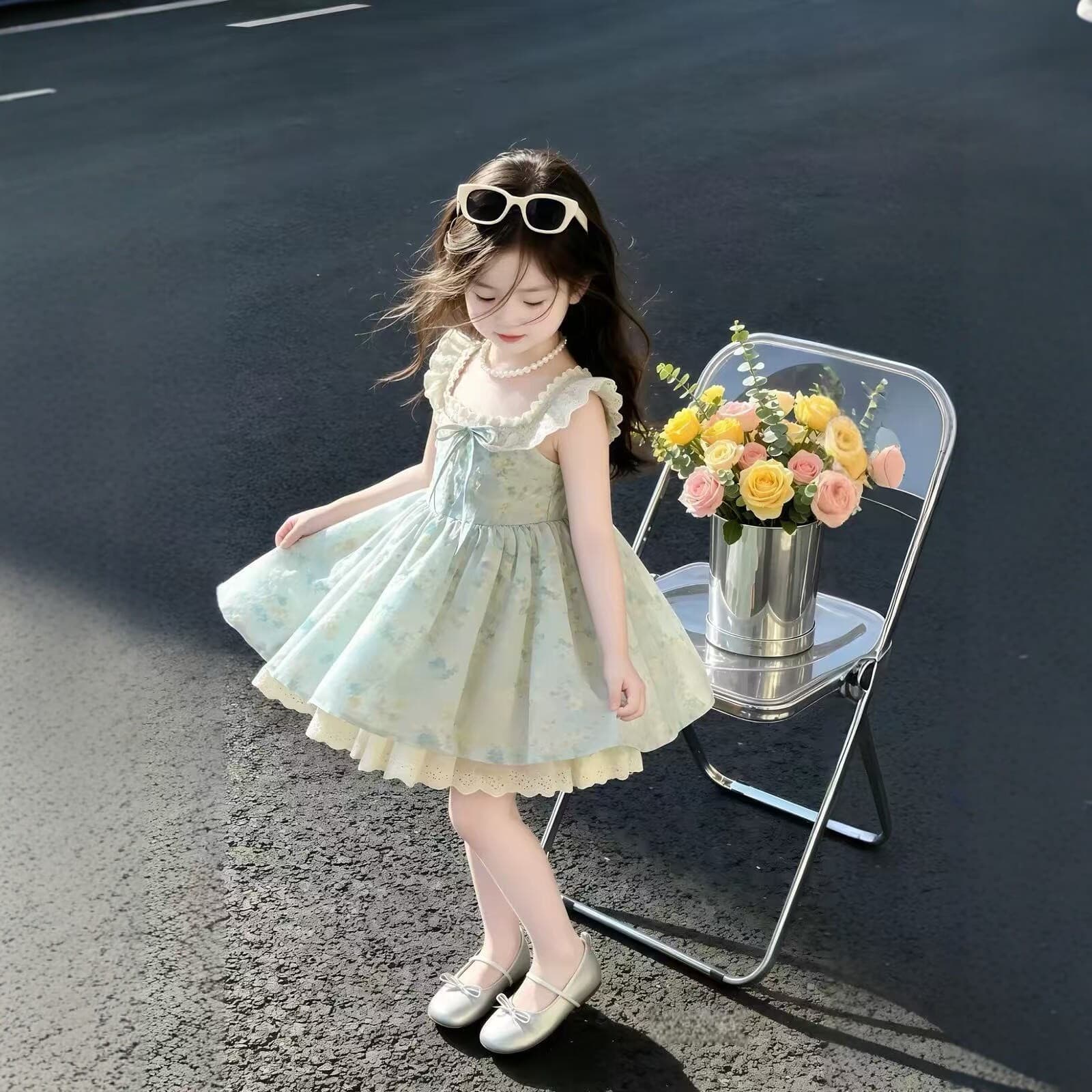 Girls Floral Dress Summer 2026 New Strappy Dress Korean Style Fashionable Children Beach Dress Baby Vacation Dress