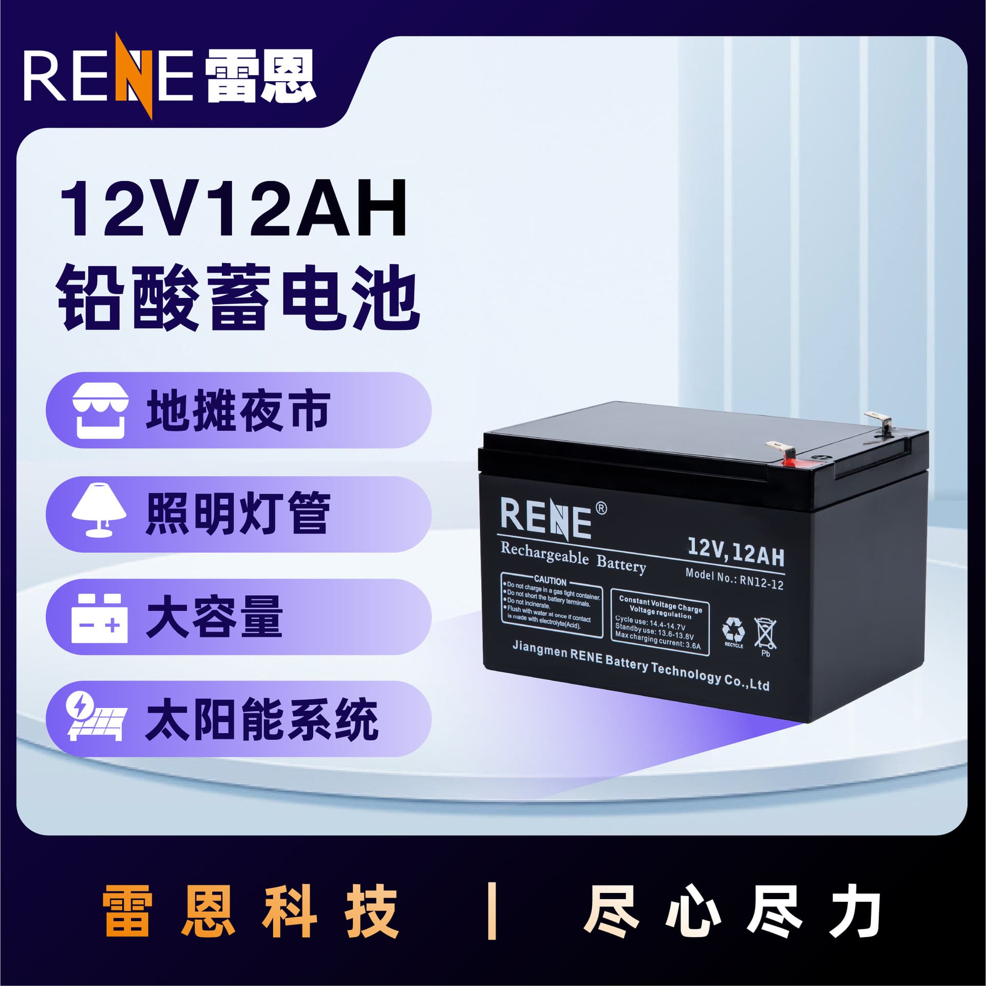 Leien RENE Lead-Acid Battery 12V 12AH Stall Night Market Lighting Solar System Energy Storage Battery Manufacturer