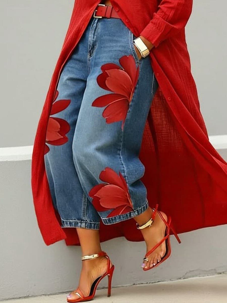2026 Cross-Border European and American Style Faux Denim Floral Print Straight-Leg Jeans, Loose Fit, Versatile Commuter Ankle-Length Wide-Leg Pants for Women