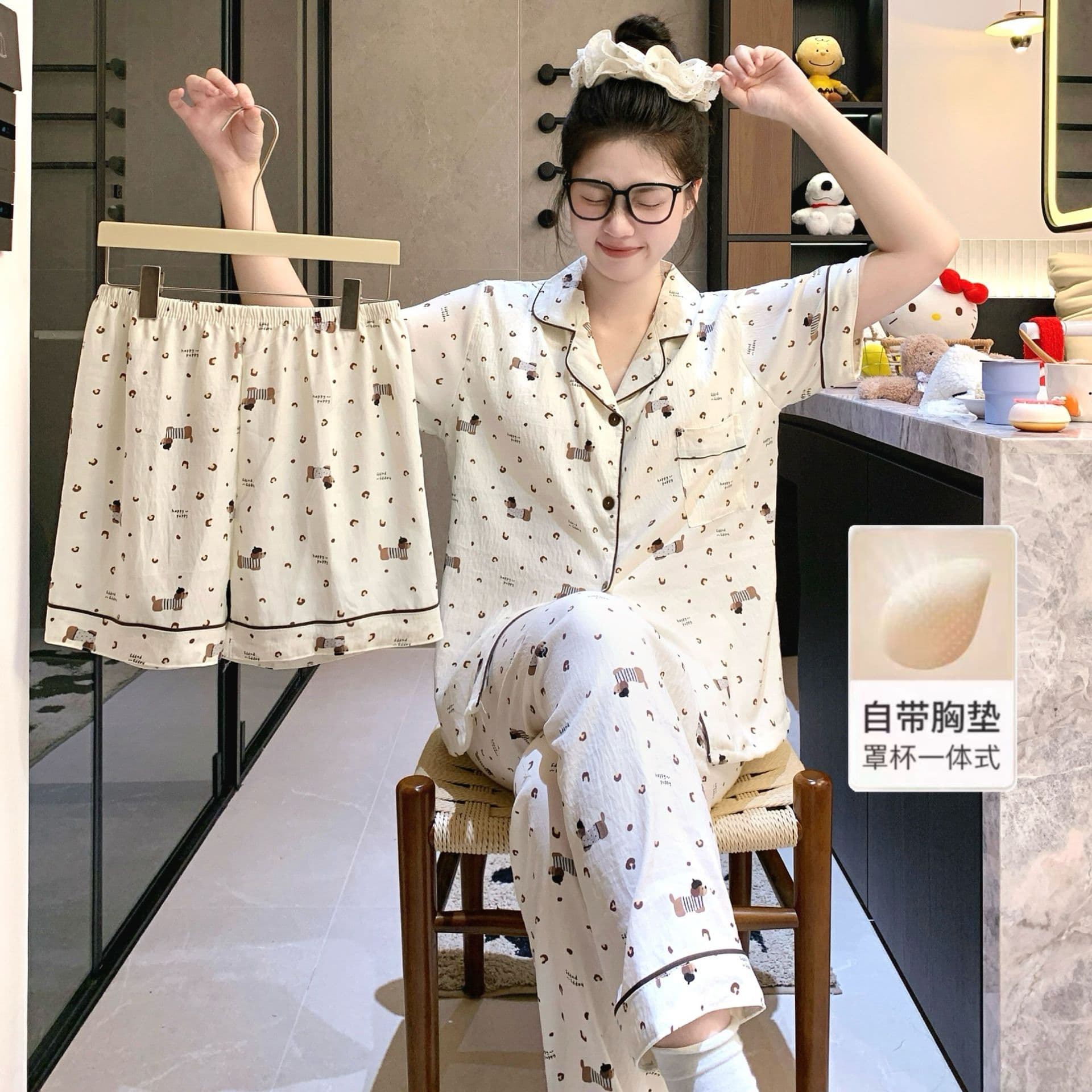 Women's New Summer Pajama Set with Built-in Bra, Cloud Cotton Three-Piece, Lightweight, Sweet and Cute, Korean-Style Loungewear Suitable for Outdoor Wear
