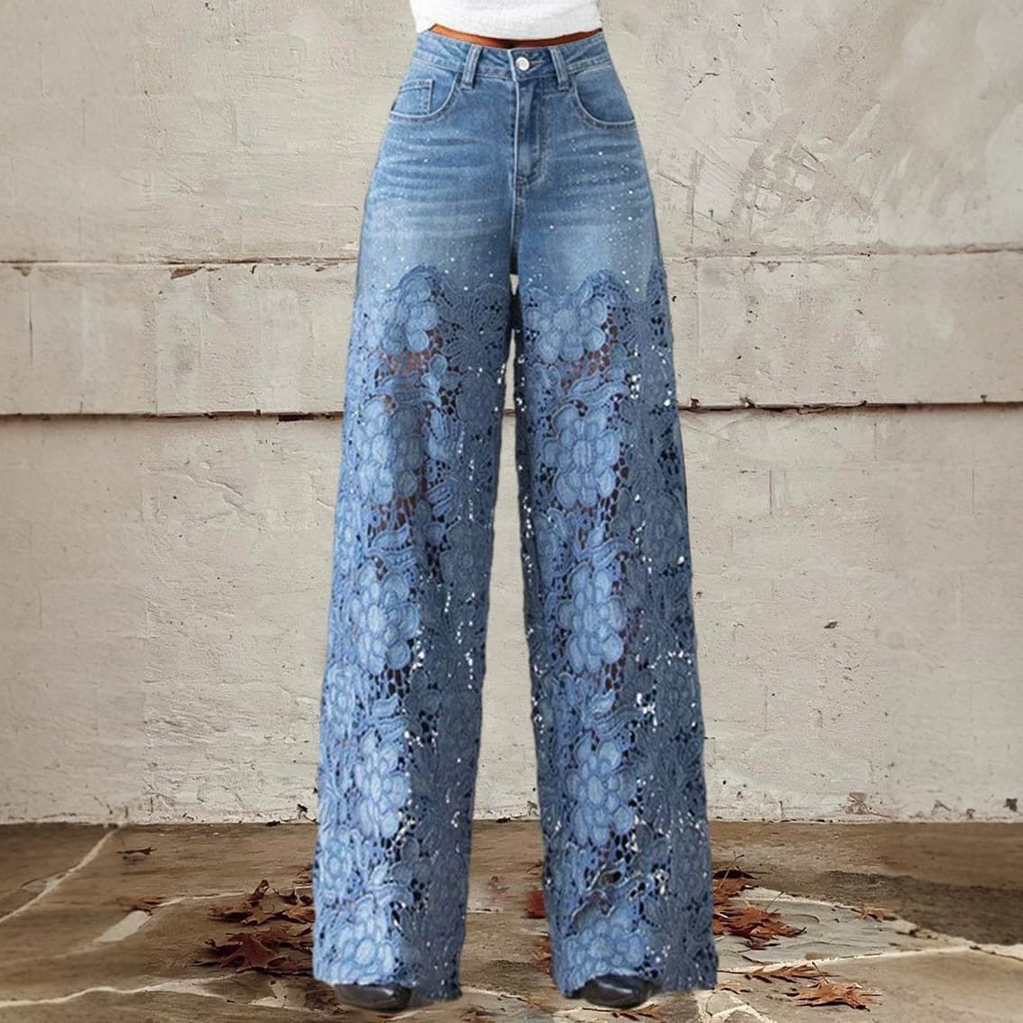 Factory Direct Hot-Selling 3D Digital Print Faux Denim Women's Wide-Leg Pants Women's Flared Slim Fit Long Pants Versatile
