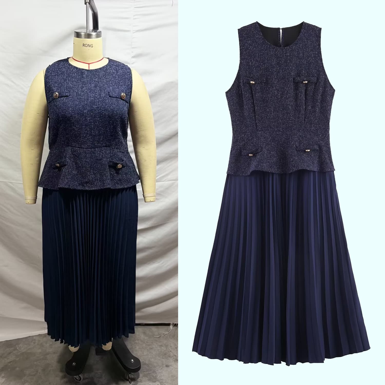 2026 new cross-border foreign trade European and American large size ZA women's commuting loose sleeveless Miyake pleated splicing dress