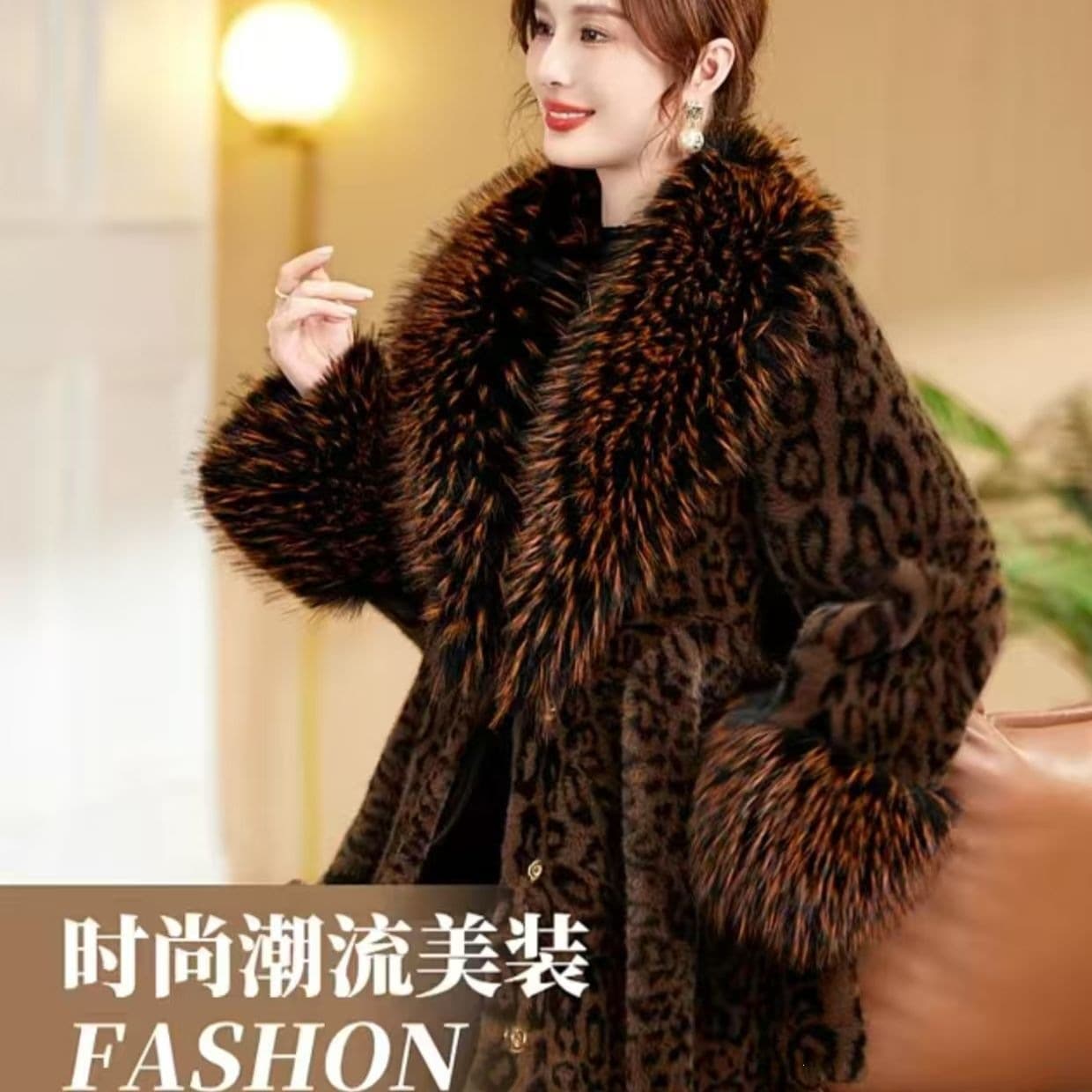 New 2026 Autumn/Winter Fur Leopard Print Thick Coat Faux Fox Fur Large Collar Fashion Overcoat for Women